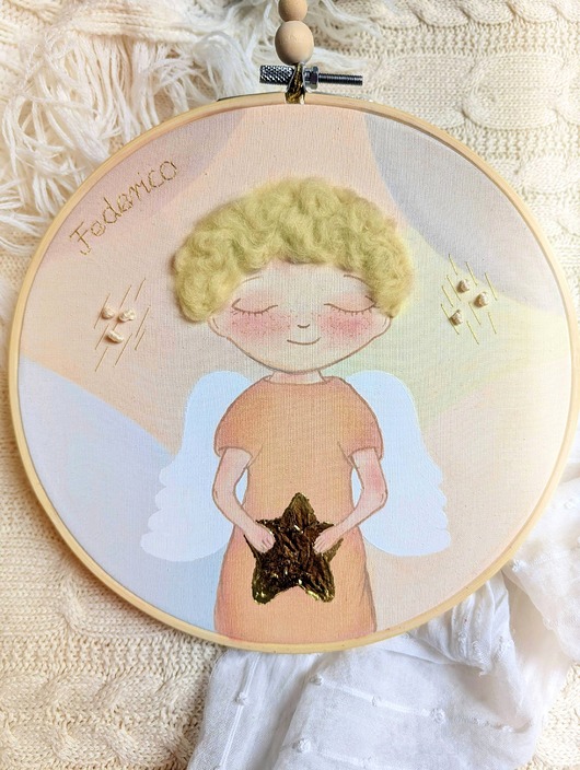 kartki, zaproszenia na chrzest Pastelowy obrazek z aniołkiem, personalizowana pamiątka dla dziecka