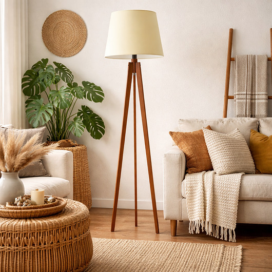 lampy podłogowe Drewniana lampa stojąca na trójnogu do salonu CURACAO
