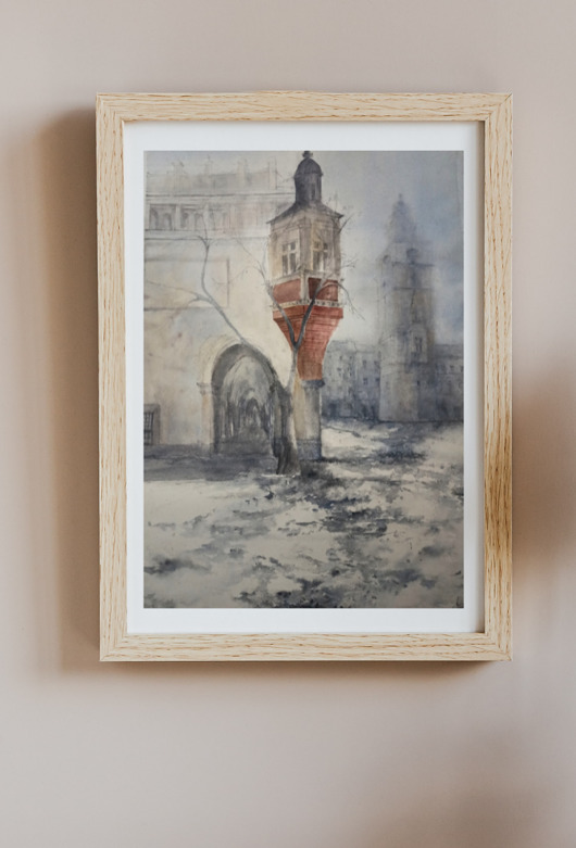 obrazy Akwarela Kraków zimą oryginalny obraz 300g 37x56 cm