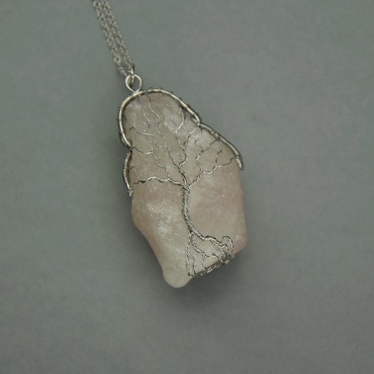 wisiory Duży wisior drzewo życia kwarc różowy wire wrapping