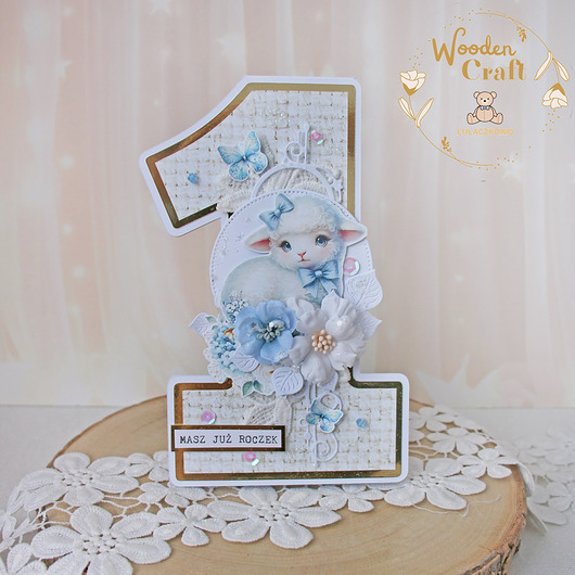 kartki, zaproszenia na chrzest Urodzinowa kartka cyferka, prezent na roczek "Baby Lamb" GOTOWA