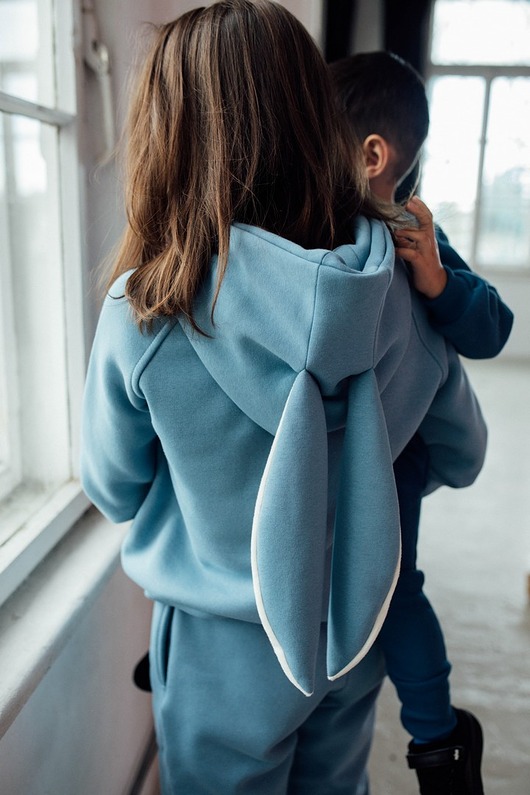 bluza z kapturem damska Kangurka damska z kapturem z uszami królika błękitna