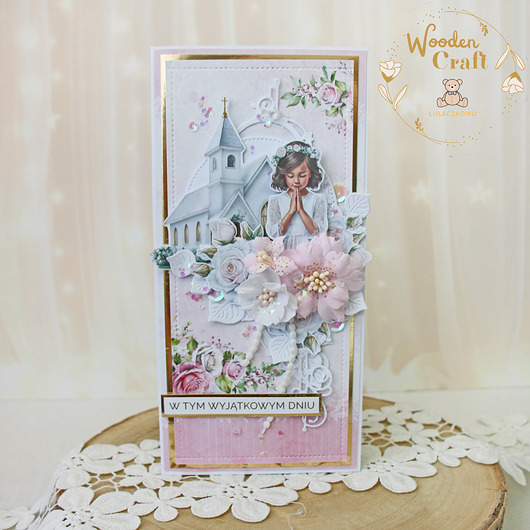 kartki na komunię Kartka komunijna, Pamiątka Komunii, prezent "PinkRoses4" GOTOWA