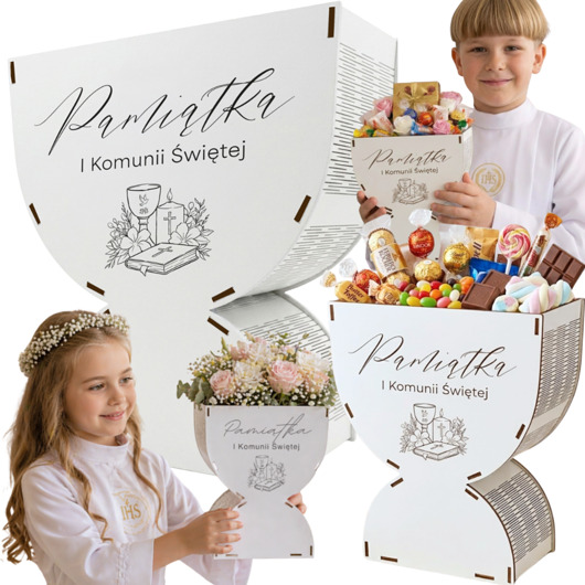 komunia - pozostałe Kielich Komunijny IHS na Słodycze Kwiaty Pudełko BOX Prezent dla Dziecka