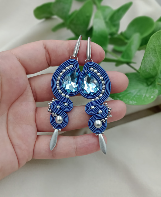 kolczyki soutache Długie kolczyki sutasz na wesele, niebieskie kolczyki kobaltowe
