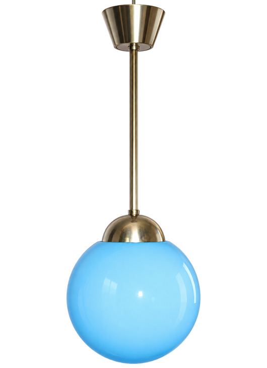 lampy wiszące Lampa wisząca z niebieskim szklanym kloszem, lata 40.