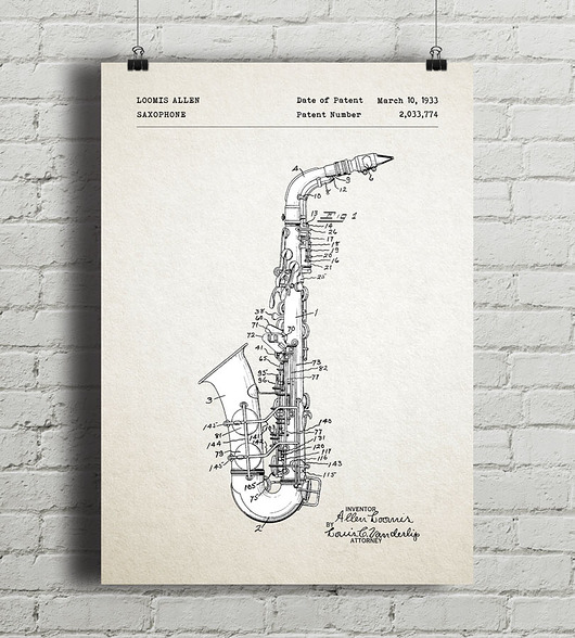 Saksofon - patent - plakat vintage minimalmill