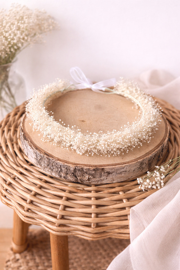 Ślubne ozdoby do włosów Wianek z gipsówki stabilizowanej mini biel