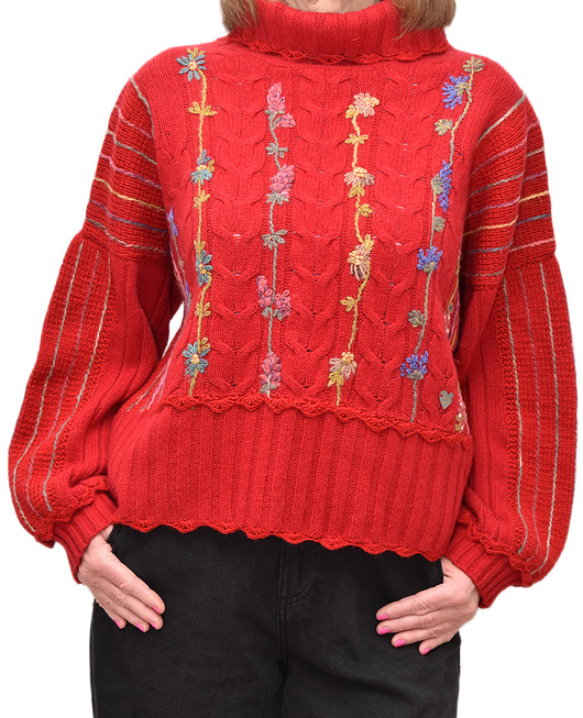 swetry damskie  Czerwony sweter z golfem i haftami, rozmiar L/XL