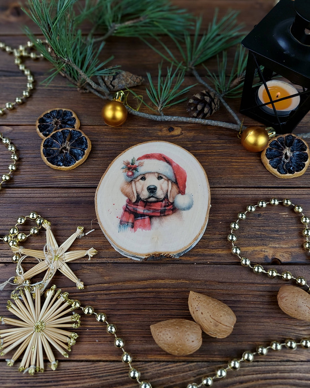 ozdoby choinkowe Brzozowa podkładka pod kubek, świąteczna zawieszka - zimowy pies