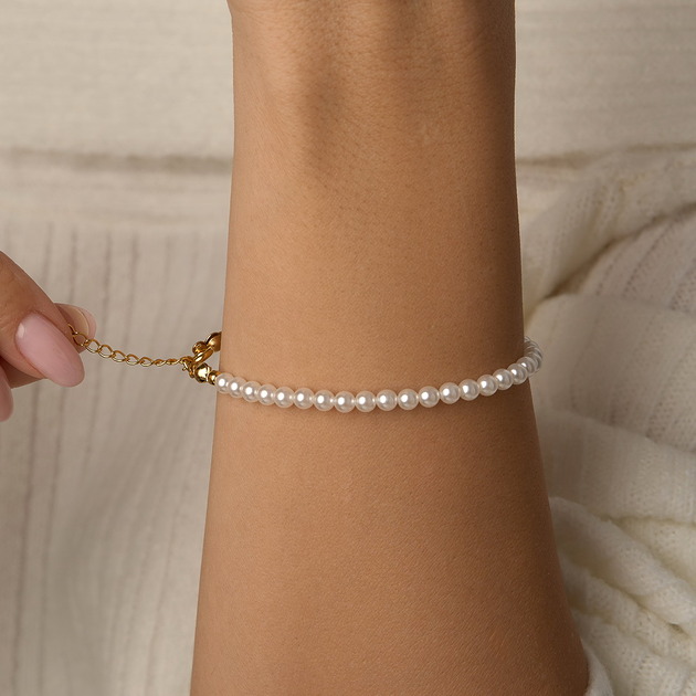 bransoletki złote Bransoletka  z białych pereł 4mm oraz srebra 925 pozłacanego
