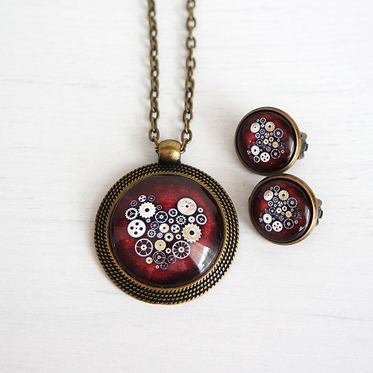 Naszyjnik i klipsy - komplet - Steampunk Heart  yenoo