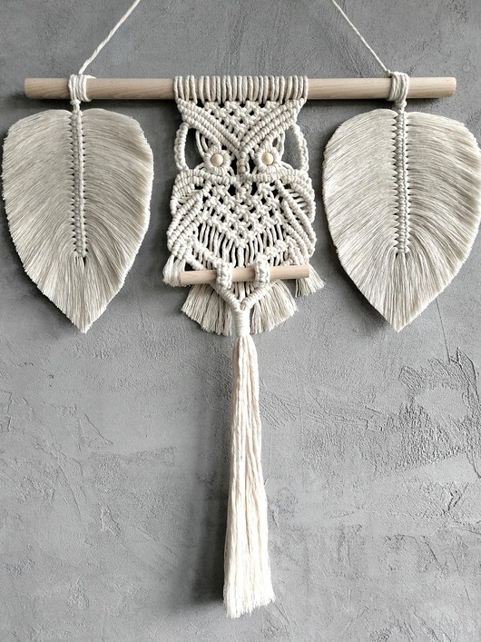 makramy Sowa Makrama z Listkami Ecru Duża Dekoracja Boho na Ścianę 60x60 cm