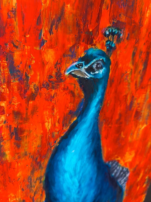 obrazy Obraz Olej Paw Czerwień 40x60 Impasto Abstrakcja Pióra Faktura