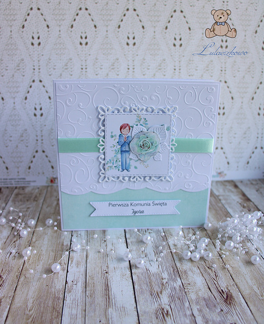 kartki scrapbooking Kartka komunijna dla chłopca Mint GOTOWA
