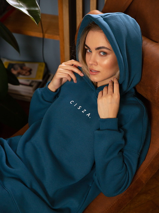 bluza z kapturem damska Bluza long z kapturem ciemny morski CISZA.