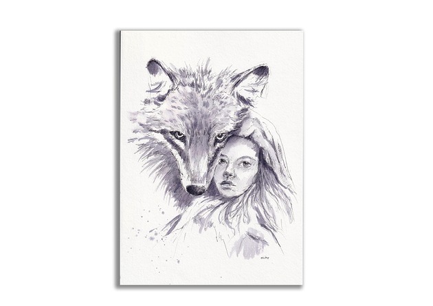 grafiki i ilustracje Wilk i dziewczynka. Grafika ręcznie malowana