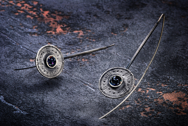 kolczyki wire wrapping Długie kolczyki z karborundem Aztec Sun