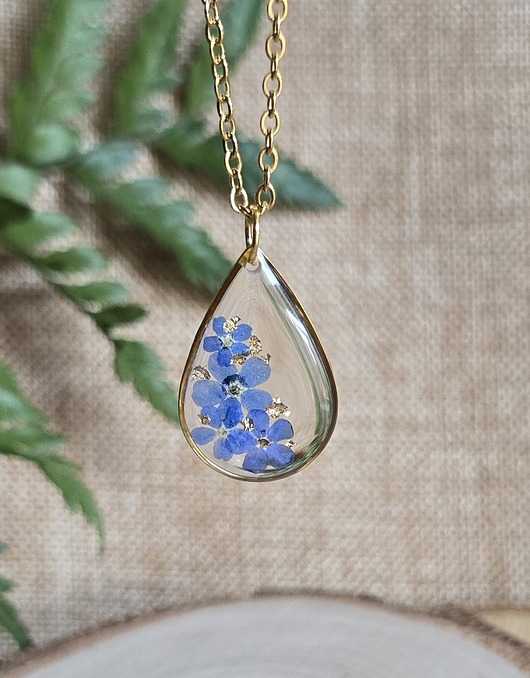 wisiory Złoty wisiorek prawdziwe kwiaty zawieszka łezka łza niezapominajki