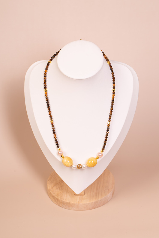 naszyjniki - inne Naszyjnik tygrysie oko, bursztyn i perły