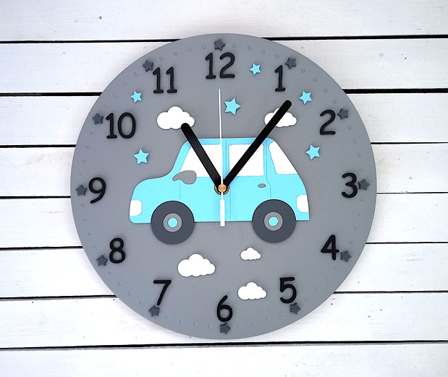 zegary Zegar ścienny dla chłopca z samochodem