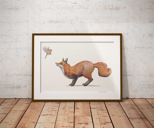 grafiki i ilustracje Plakat ilustracja Lis i Ptak akwarela