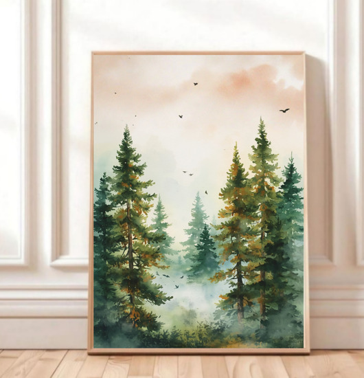 grafiki i ilustracje PLAKAT natura mglisty las iglasty dekoracja ścienna akwarela
