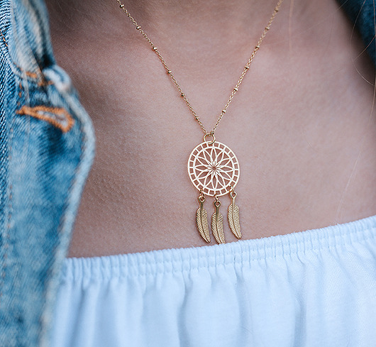 wisiory Naszyjnik łapacz snów , złote pióra, naszyjnik boho