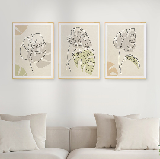 plakaty Zestaw 3 stylowych plakatów w stylu Boho, rośliny, monstera, line art.