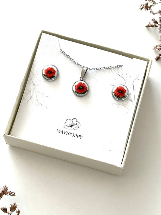 komplet biżuterii Ręcznie malowana biżuteria maki