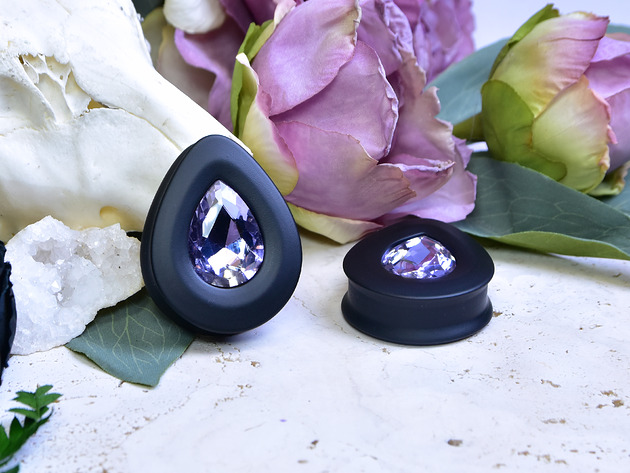 biżuteria różna Tunele do uszu łezki 10-100mm ze szklanym kryształkiem #006 Violet