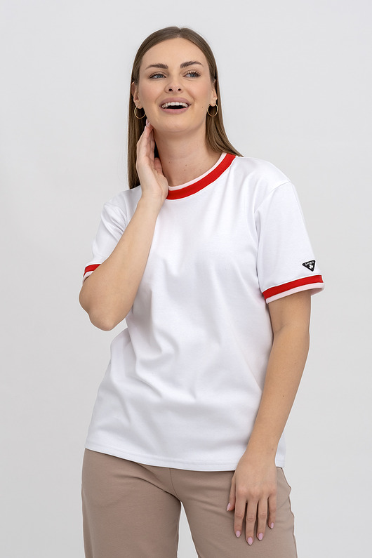 t-shirt damskie T-shirt biały basic  ściągacz (czerwono/różowy)