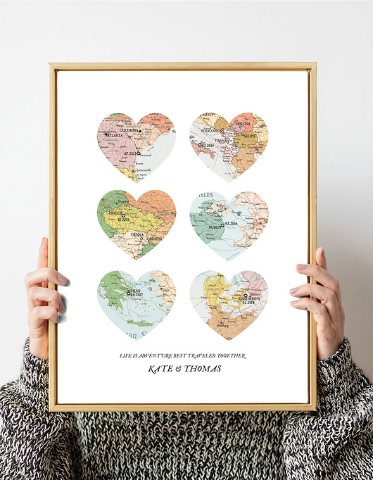 plakaty Plakat Personalizowana mapa PODRÓZE serca 6 miejsc