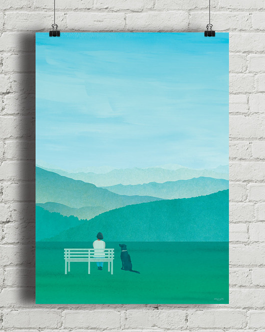 plakaty Góry - zielona łąka i górska panorama - plakat z górami