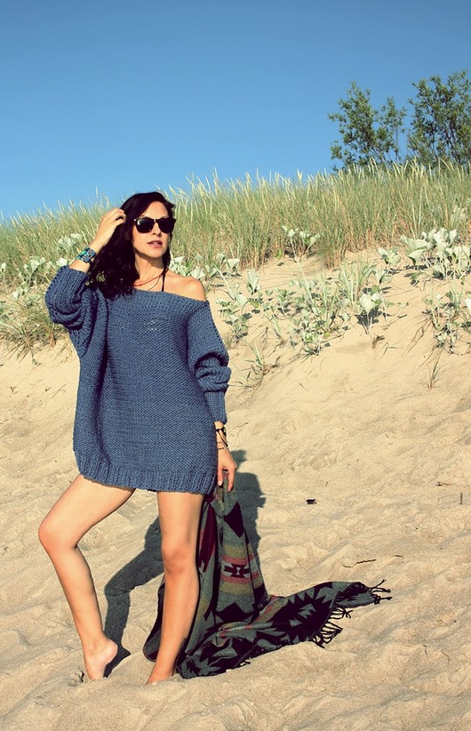 swetry damskie  Sweter handmade oversize  blue z wełną