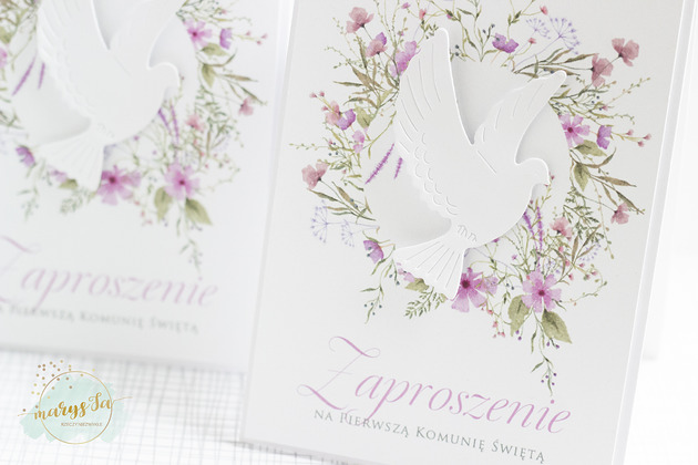 zaproszenia na komunię Zaproszenie na I Komunię Świętą - GOŁĄBEK fiolet