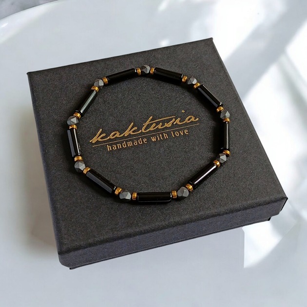 biżuteria męska ODWAGA, SIŁA : delikatna bransoletka onyks, hematyt : gold