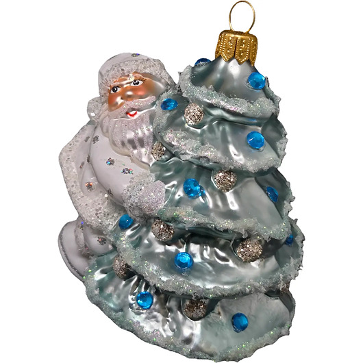 bombki Ręcznie malowana szklana bombka biały Mikołaj na niebieskiej choince