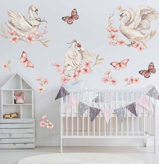 naklejki ścienne do pokoju dziecka Pastelowe naklejki łabędzie, motyle, kwiaty dla dziewczynki DK150