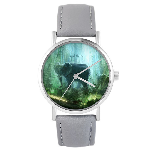 zegarki damskie Zegarek - Słoń, dżungla - skóra, szary