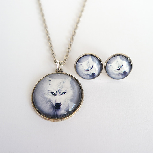 komplet biżuterii Komplet - Biały wilk - naszyjnik i kolczyki