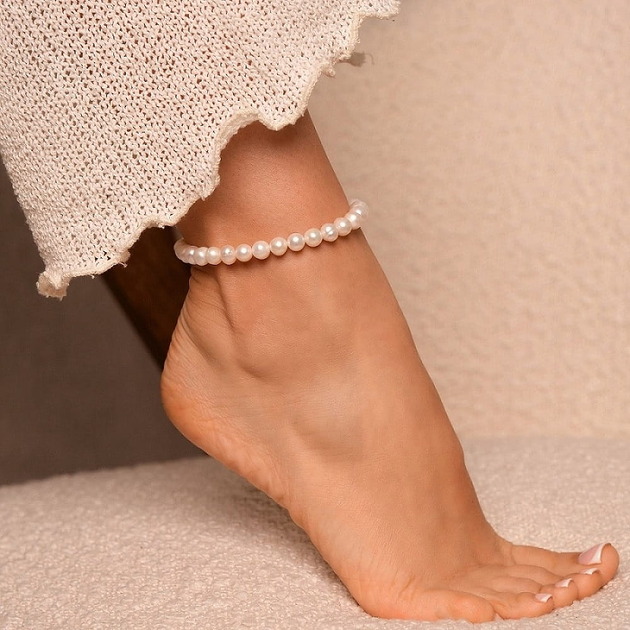 bransoletki - inne Bransoletka na nogę z naturalnych pereł - srebro 925 pozłacane