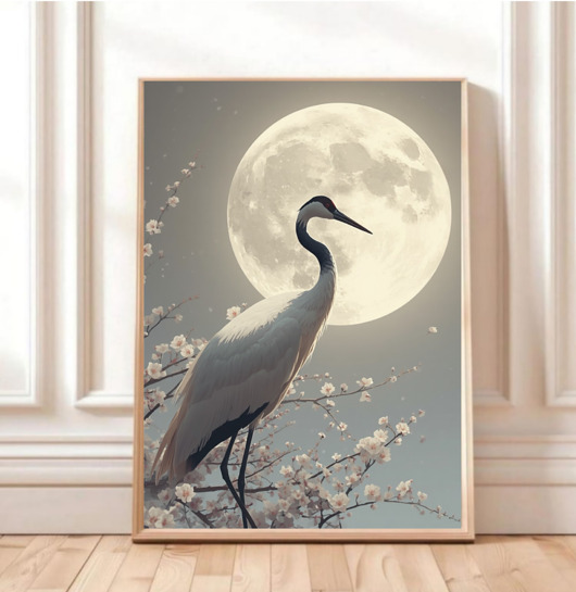 plakaty PLAKAT żuraw, japońska sztuka ścienna, księżyc ilustracja, sakura, japandi