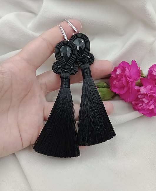 kolczyki soutache Kolczyki czarne chwosty, długie kolczyki sutasz