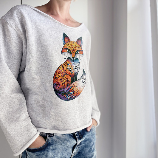 bluza bez kaptura damska Lis dotwork Szara bluza cięta Bez ściągaczy