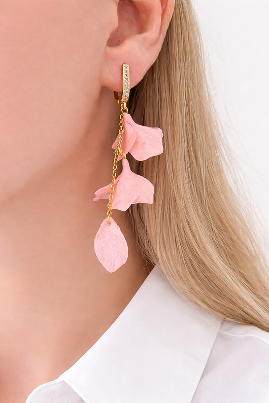 kolczyki z masy plastycznej Długie kolczyki damskie wiszące różowa hortensja - 7,5 cm, stal nierdzewna