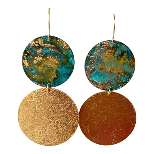 kolczyki z miedzi Kolczyki z miedzi turkusowe i złote koło