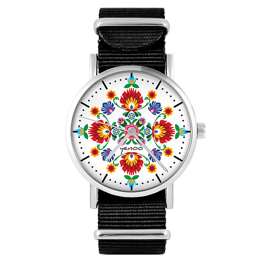 zegarki damskie Zegarek - Folkowa mandala - czarny, nylonowy