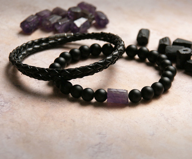 biżuteria męska Komplet RÓWNOWAGA - ametyst, onyks, skóra