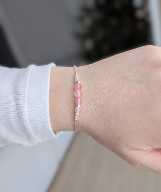 bransoletki z kamieni naturalnych Dziewczęca bransoletka z różowymi kamieniami - kwarc, opal, agat